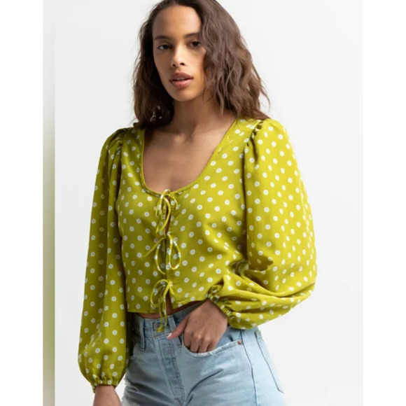 LEVI'S Blouse Womens Sz XL Lime Green Embry Daisy Floral Tie Front Puff Sleeve - Picture 1 of 8